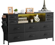 10 Drawer Dresser, Fabric Drawer Dresser with Fabric Bins, Closet Storage Drawers with Open Storage Shelf, LED Lights & Built-in Outlet, Fabric Storage Tower for Bedroom, Hallway, Closet, Black