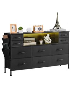 10 Drawer Dresser, Fabric Drawer Dresser with Fabric Bins, Closet Storage Drawers with Open Storage Shelf, LED Lights & Built-in Outlet, Fabric Storage Tower for Bedroom, Hallway, Closet, Black