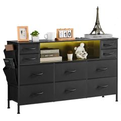 10 Drawer Dresser, Fabric Drawer Dresser with Fabric Bins, Closet Storage Drawers with Open Storage Shelf, LED Lights & Built-in Outlet, Fabric Storage Tower for Bedroom, Hallway, Closet, Black