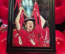 Liverpool signed photo 2005", "John Arne Riise autograph", "Istanbul 2005 memorabilia", and "Framed Liverpool FC with COA"
