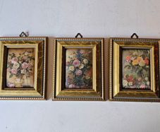Vintage Trio of Mini Italian Floral Print on Silk Framed