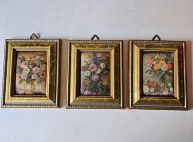 Vintage Trio of Mini Italian Floral Print on Silk Framed