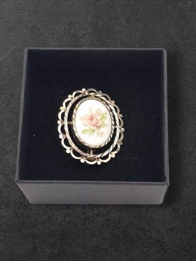 Hand Painted Porcelain Sterling Silver Brooch