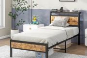 Single Bed Frame with Wooden Storage Shelf Headboard, Metal