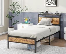 Single Bed Frame with Wooden Storage Shelf Headboard, Metal
