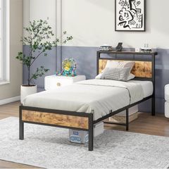 Single Bed Frame with Wooden Storage Shelf Headboard, Metal