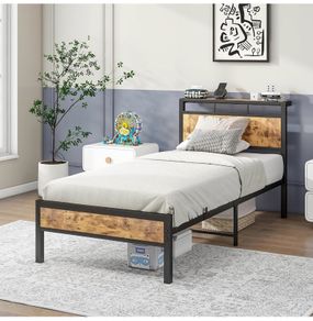 Single Bed Frame with Wooden Storage Shelf Headboard, Metal