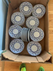blue and white saucers