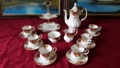 16 Piece Royal Albert Old Country Roses Bone China Gold Gilt Coffee Set With Two Tier Cake Stand For 6 Person Setting Made In England