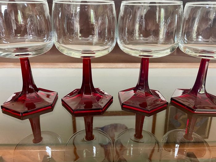Vintage Luminarc Ruby Red Wine Glass Hexagonal Base Made in France