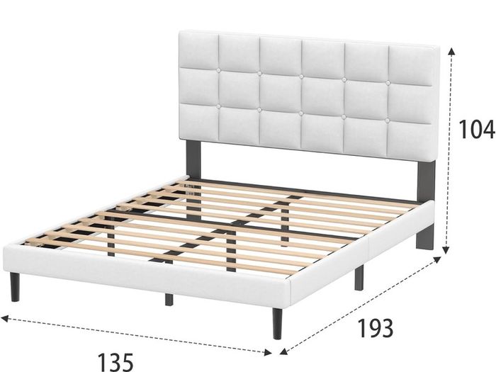 Double Bed Frame, Easy Assembly, Sturdy Wooden Slat Support, Upholstered Platform with Headboard, No Box Spring Needed, White Double Bed 135x190
