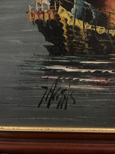 Vintage Oil Painting on Board of Boats in a Harbour