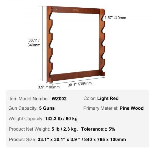 Gun Rack, Wood Gun Rack Wall Mount, Gun Display Rack holds 5 Rifles, Shotguns, 132 lb Heavy Duty Wall Storage Display Rifle Rack with Soft Padding