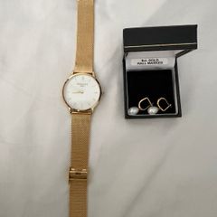 9ct gold freshwater pearl earrings and Rosefield pearl edit watch