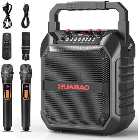Karaoke Machine with 2 Wireless Microphones, Portable Bluetooth Speaker for Adults & Kids, Bass & Treble Adjustment, PA System Supports TF Card/USB/FM/AUX for Home Party, Indoor and Outdoor