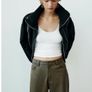 Fab Zara High Waist Khaki Green Faux Leather Straight Wide Leg Trousers   Size L UK 14 Runs big Image 4