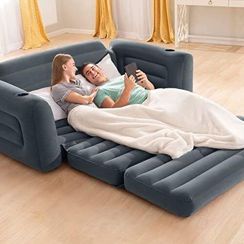 King Size Pull-Out Inflatable Camping Sofa Bed Sleep Away Futon Couch with 3 quick inflation and Deflation Valves, 203 x 231 x 66 cm, Charcoal Grey