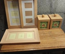 wooden storage boxes and picture frames