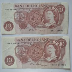 2 x Bank of England, J.S.Fforde, 10 shillings, Banknotes 1967