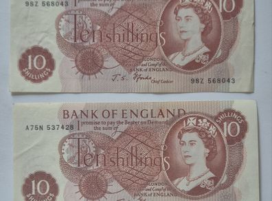 2 x Bank of England, J.S.Fforde, 10 shillings, Banknotes 1967