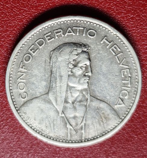 Switzerland (1848-date)  5 Francs Herdsman; silver; small type