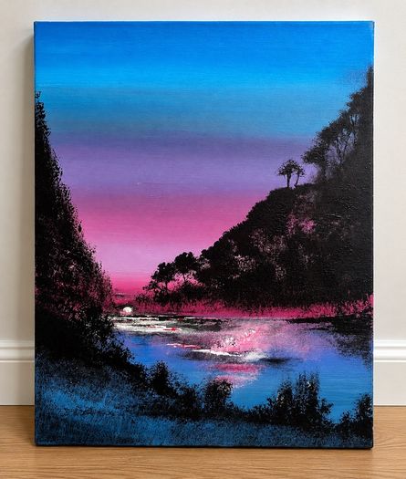 Original Landscape Painting on Canvas Colourful Sunset River Scene