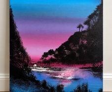 Original Landscape Painting on Canvas Colourful Sunset River Scene