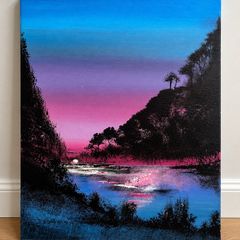 Original Landscape Painting on Canvas Colourful Sunset River Scene