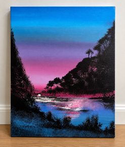 Original Landscape Painting on Canvas Colourful Sunset River Scene