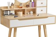 Dressing Table with Round Mirror and Lights, 80cm Wide Small Vanity Desk, Wooden Color, 2 Drawers