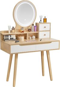 Dressing Table with Round Mirror and Lights, 80cm Wide Small Vanity Desk, Wooden Color, 2 Drawers