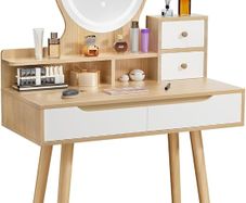 Dressing Table with Round Mirror and Lights, 80cm Wide Small Vanity Desk, Wooden Color, 2 Drawers