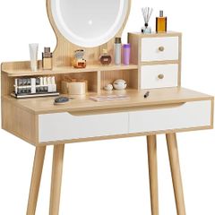 Dressing Table with Round Mirror and Lights, 80cm Wide Small Vanity Desk, Wooden Color, 2 Drawers
