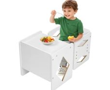 Montessori Weaning Table and Chair Set, Wooden Toddler Table and Chair Set for Aged 1-5, Adjustable Height Kids Montessori Chair and Activity Table, Ideal for Reading, Eating, Playing White