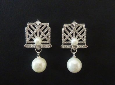 Art Deco Vintage Style Faux Pearl Silver Earrings
