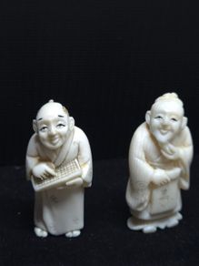 Antique Chinese Hand Carved Scholar Figures Signed Pair