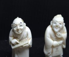 Antique Chinese Hand Carved Scholar Figures Signed Pair