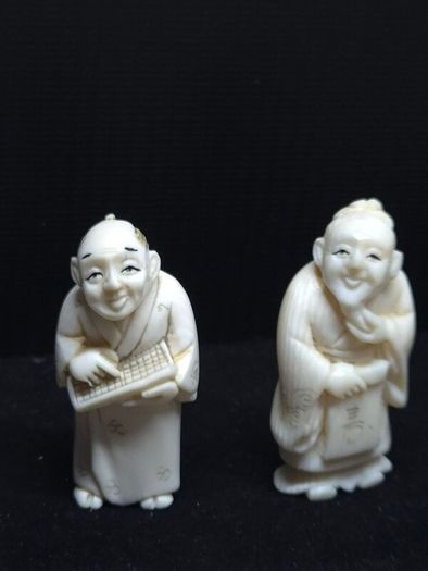Antique Chinese Hand Carved Scholar Figures Signed Pair