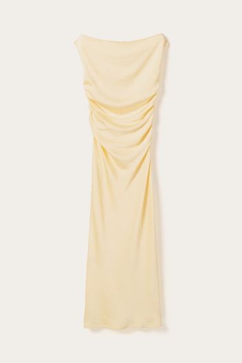 Cream Sheer Neck Ruched Bodycon Dress