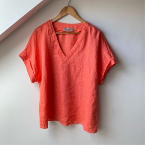 Paul Costelloe Living Studio 100% Linen Coral V Neck Top Blouse
