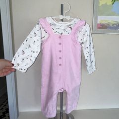 Baby Girls Pink & White Long-Sleeved Top & Dungarees , Age 9-12 months / EU 74cm.