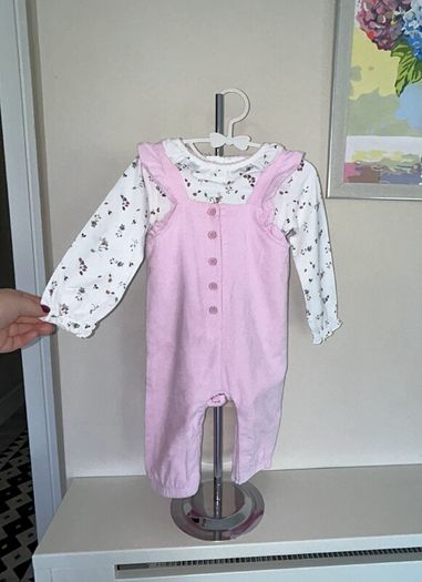 Baby Girls Pink & White Long-Sleeved Top & Dungarees , Age 9-12 months / EU 74cm.