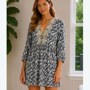 Zara Ikat Print Cotton Linen Embroidered V-Neck Mini Dress Boho Tunic M