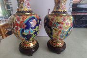 Pair of Vintage Stunning Chinese Raised Cloisonne Vases Gilt Gold Decoration 8 inches tall - Multi color - Vintage from the 1920s - Chinese Decor - Asian Style  on wooden stand.