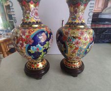 Pair of Vintage Stunning Chinese Raised Cloisonne Vases Gilt Gold Decoration 8 inches tall - Multi color - Vintage from the 1920s - Chinese Decor - Asian Style  on wooden stand.