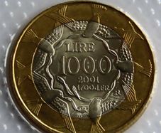 San Marino Bimetallic collector coin | 1000 Lire 2001 BUNC Flying Doves with Ribbon of Freedom