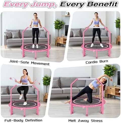 450 LBS Foldable Mini Trampoline for Adults, 40 inch Indoor Fitness Rebounder with U-Shape Adjustable Foam Handle, Quiet Bungee Jump System & Cordless Jump Ropes