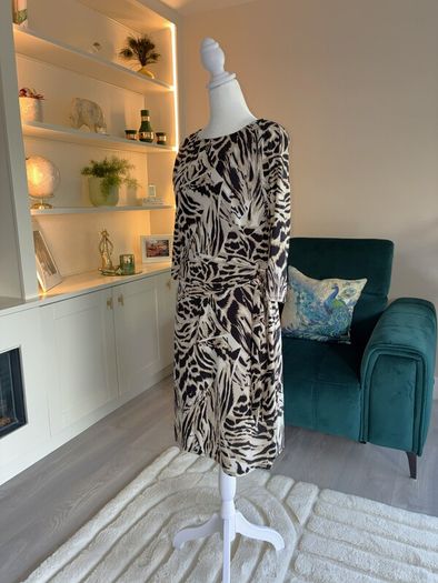 Wallis Ladies Knee-length Black and Beige Animal-print Dress with gathered side tie.