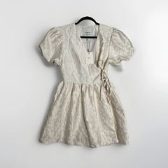 Sister Jane Dream Lilith Jacquard Mini Wrap Dress Sz 8UK 4US S Cream Puff Sleeve
