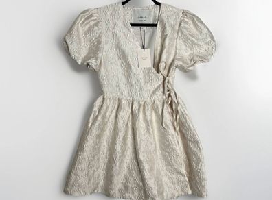 Sister Jane Dream Lilith Jacquard Mini Wrap Dress Sz 8UK 4US S Cream Puff Sleeve